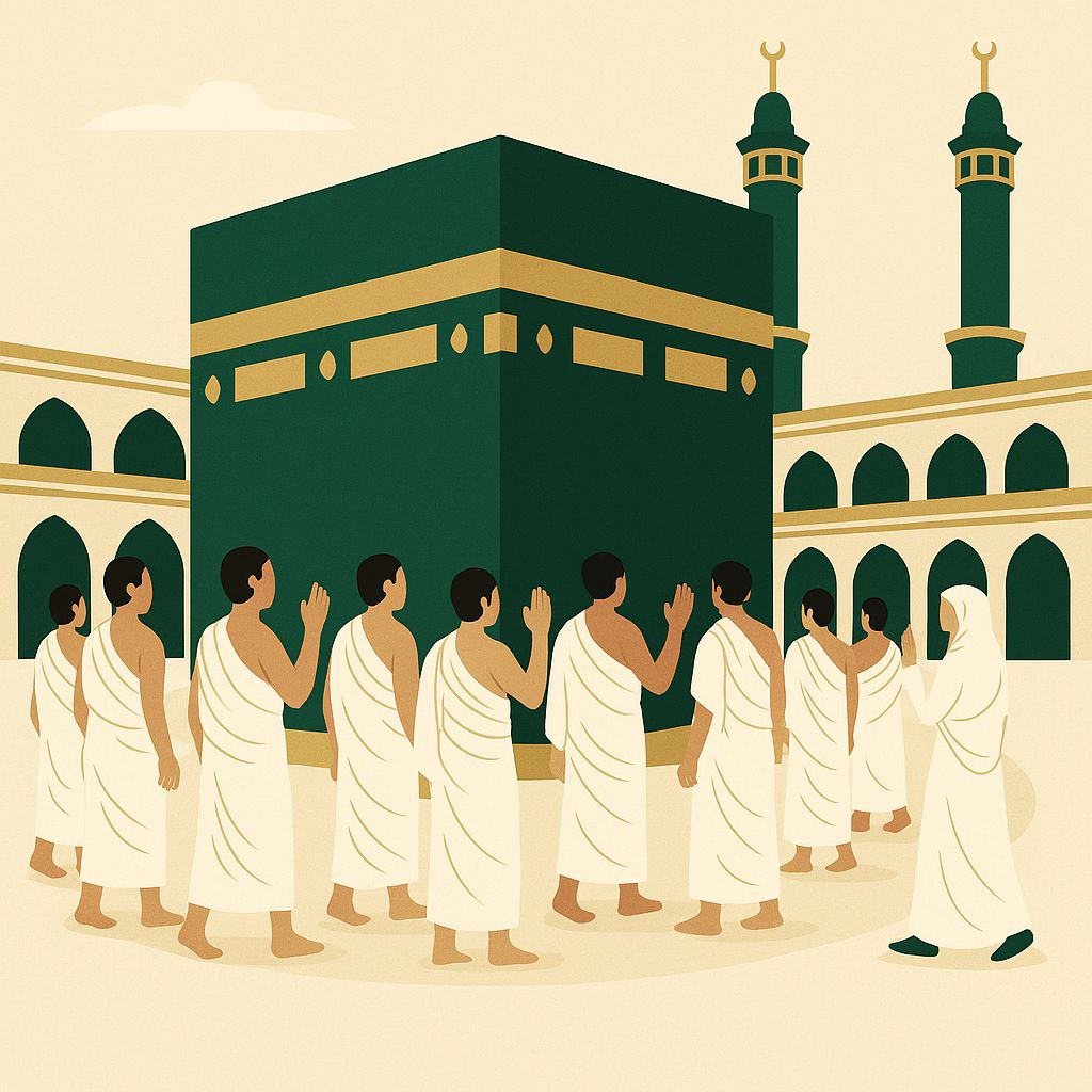 Pèlerins autour de la Kaaba en état d’ihrâm