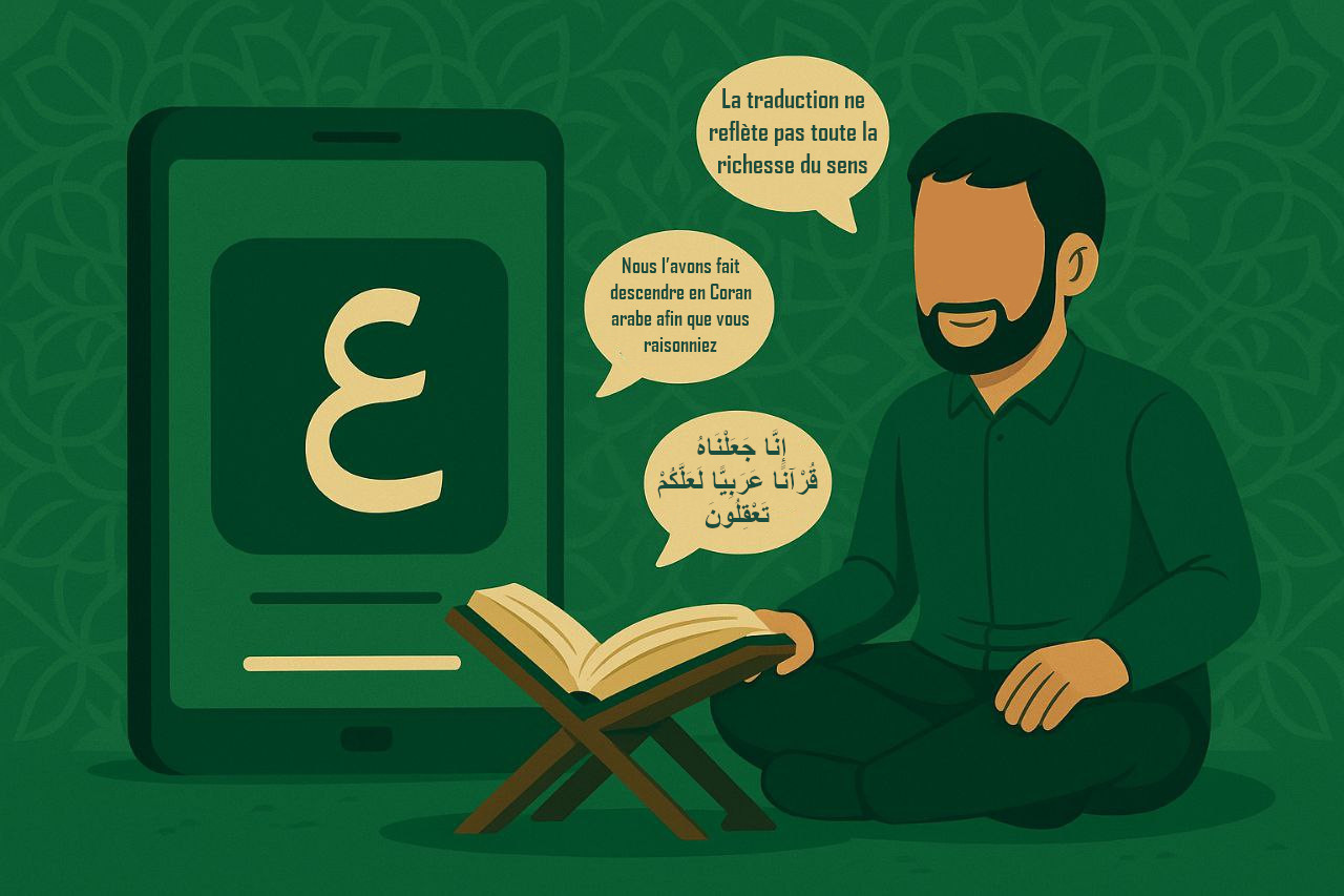 Un homme lisant le Coran avec un téléphone à côté affichant une traduction ; des bulles de pensée montrent que la compréhension complète nécessite la langue arabe.