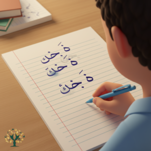 un étudiant non-arabophone écrivant un mot arabe sur un cahier, avec quelques ratures